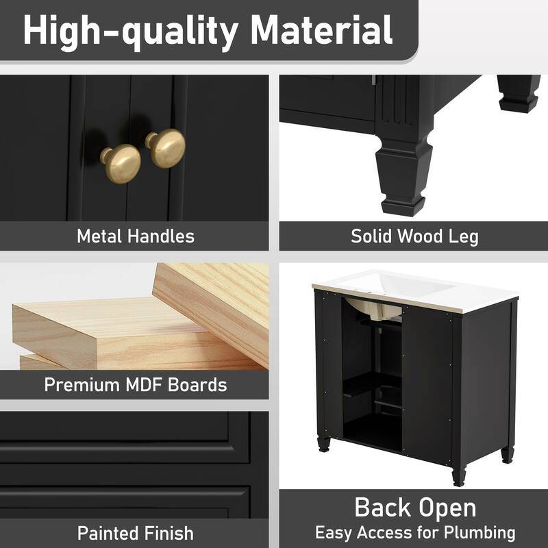 Roomfitters Bathroom Vanity with Sink, Ceramic Basin with One Tip-out Drawer, Three Side Drawers and Adjustable Shelf