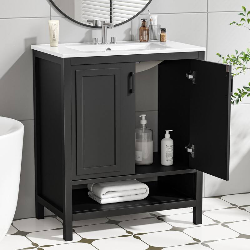 Anmytek 24'' Single Bathroom Vanity Cabinet with Ceramic Sink Combo Bathroom Storage Cabinet With Soft Close Doors - 30''W×18.5''D×36.22''H - Black