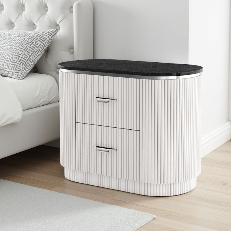 Alda Nightstand w 2 Drawers, Black Stone Top, Light Gray Wood, Silver