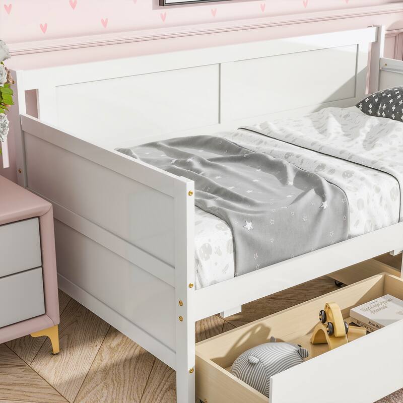 Pine Wood Sofa Bed, Twin Size Daybed with Pull-out Storage Drawers Storage Bed Platform Bed with Panel Headboard and Footboard