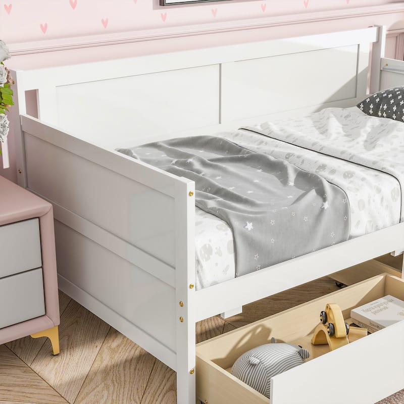 Twin Size Pine Wood Daybed with two Storage Drawers, White