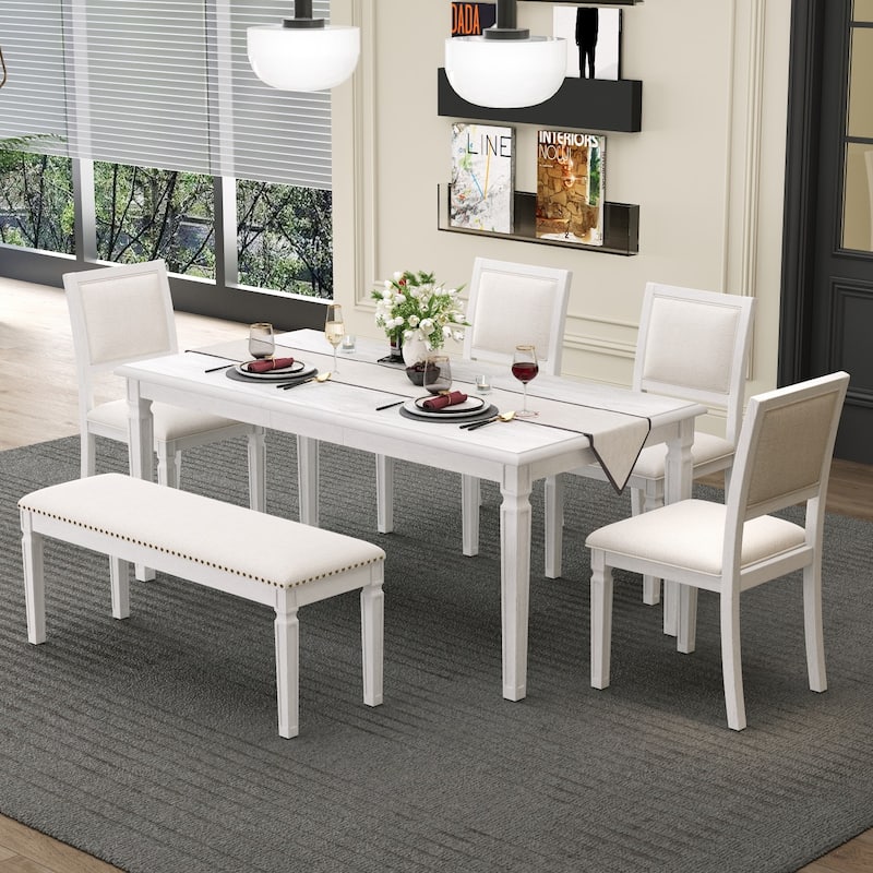 6-Piece Vintage Extendable Dining Table Set with a 13" Leaf, 4 Chairs and 1 Bench - White Washed