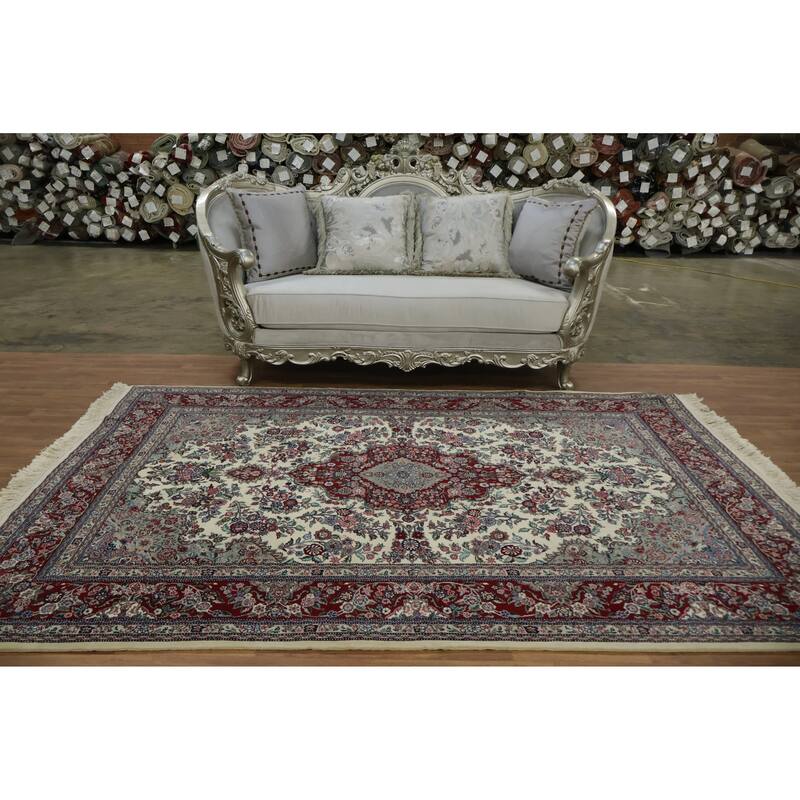 Hand Knotted Oriental 100% Wool Carpet Traditional Floral Beige & Ivories Aubusson Area Rug - 9' 0'' X 6' 0''