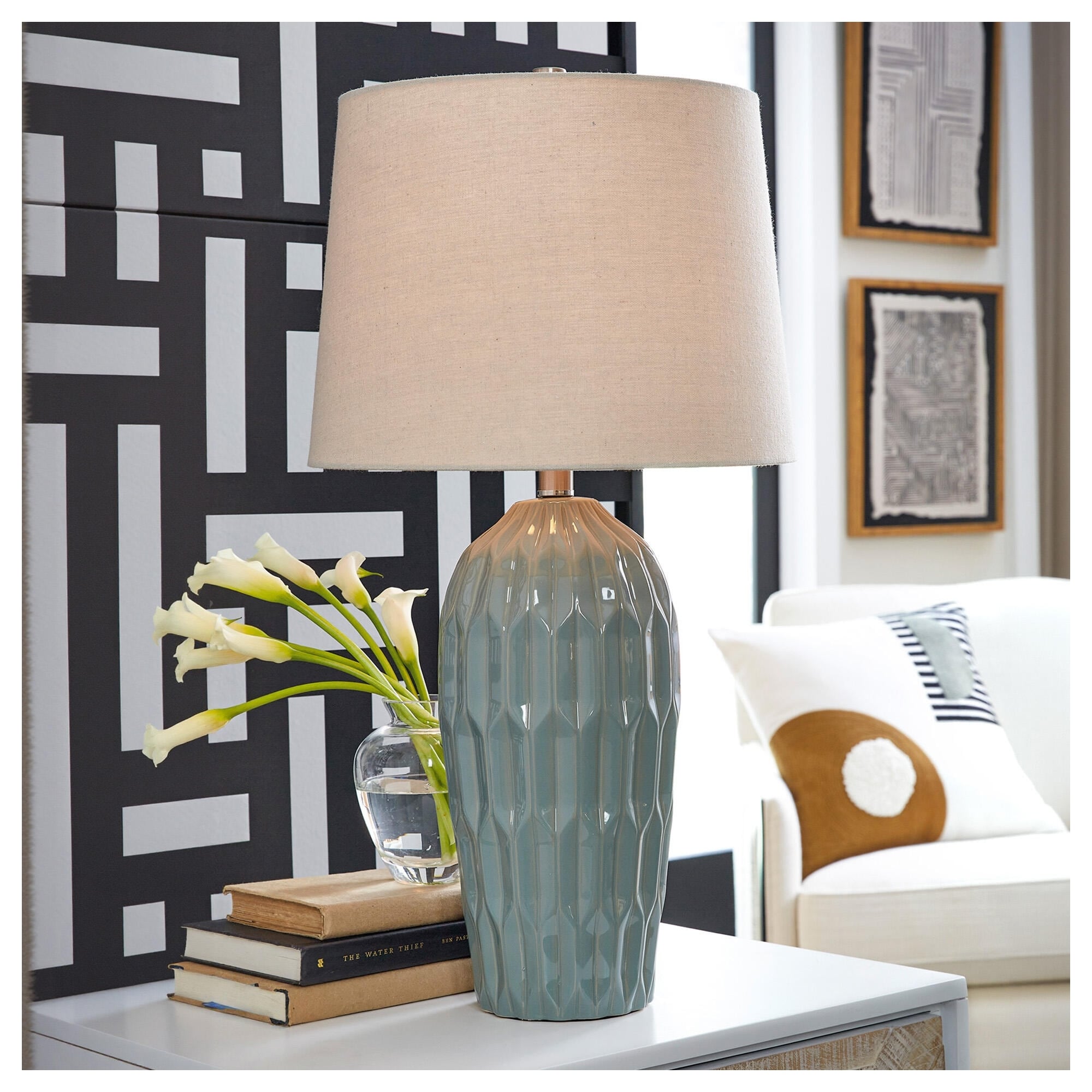Signature Design by Ashley Hadbury Ceramic Blue Table Lamp (Set of 2) - 14" W x 14" D x 26.75" H