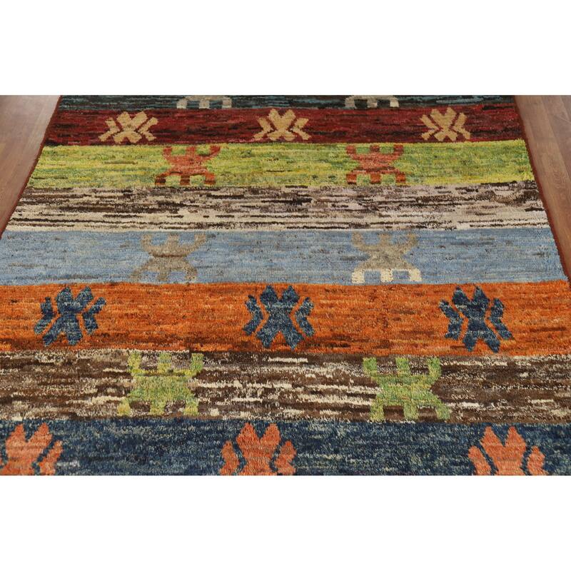 Striped Colorful Moroccan Oriental Area Rug Hand-Knotted Wool Carpet - 6'9" x 9'8"