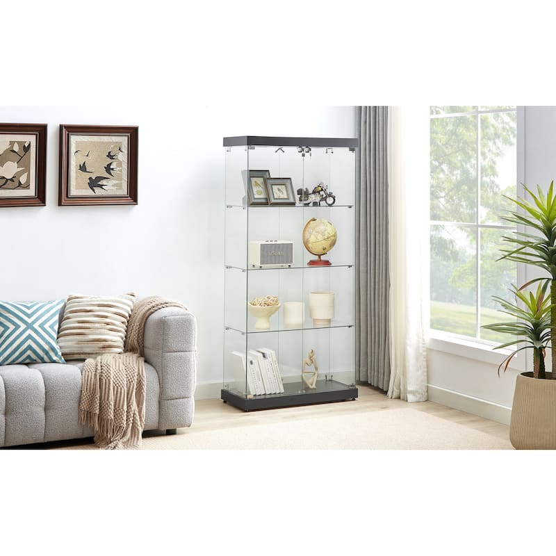 4-Tier Glass Display Cabinet, Double Door Glass Cabinet, Four Partitions, Two Locks, Floor Standing Storage Cabinet