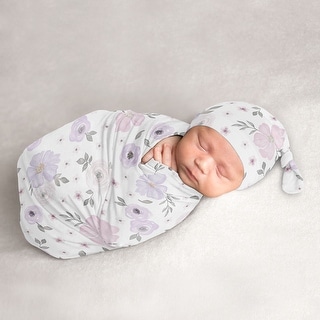 Watercolor Floral Collection Girl Baby Cocoon and Beanie Hat Sleep Sack - 2pc Set - Purple Pink Grey Boho Shabby Chic Flower