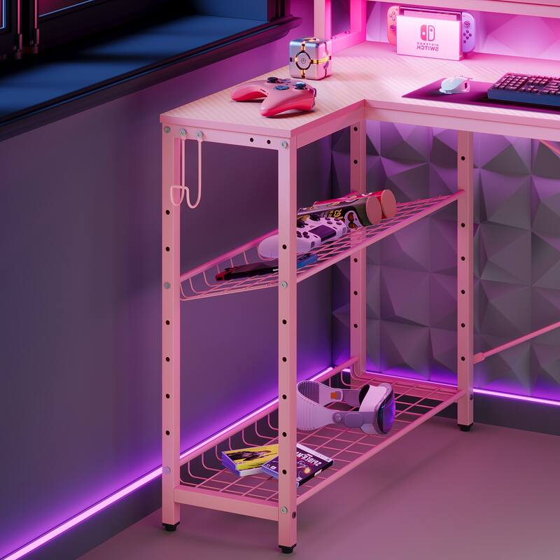 Bestier 71.5“” Computer Desk with Power Outlets, L Shaped LED Home Office Desk with Long Monitor Stand and Cup Holder & Hooks