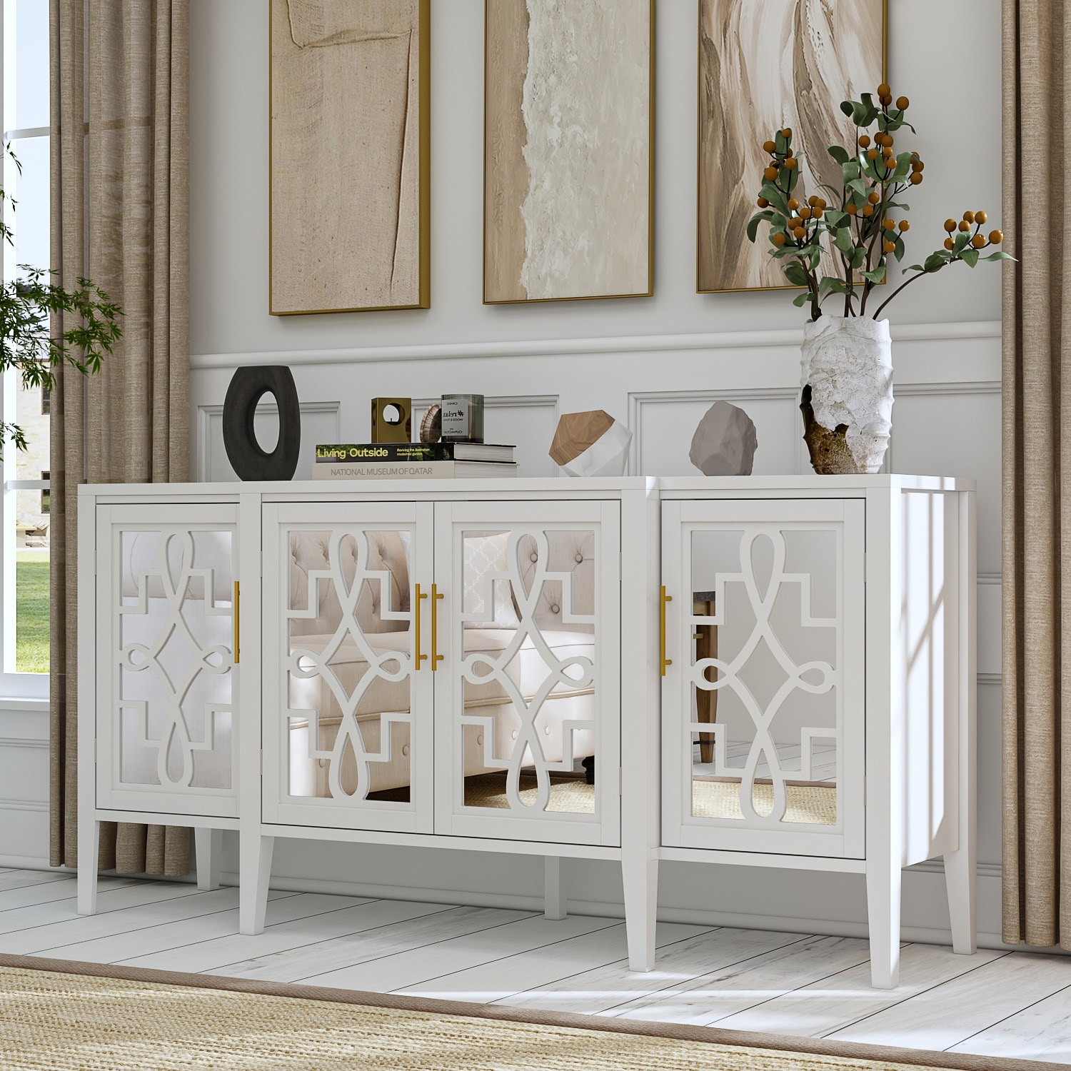 Media Console Cabinet Mirrored Door Design Buffet Sideboard Accent