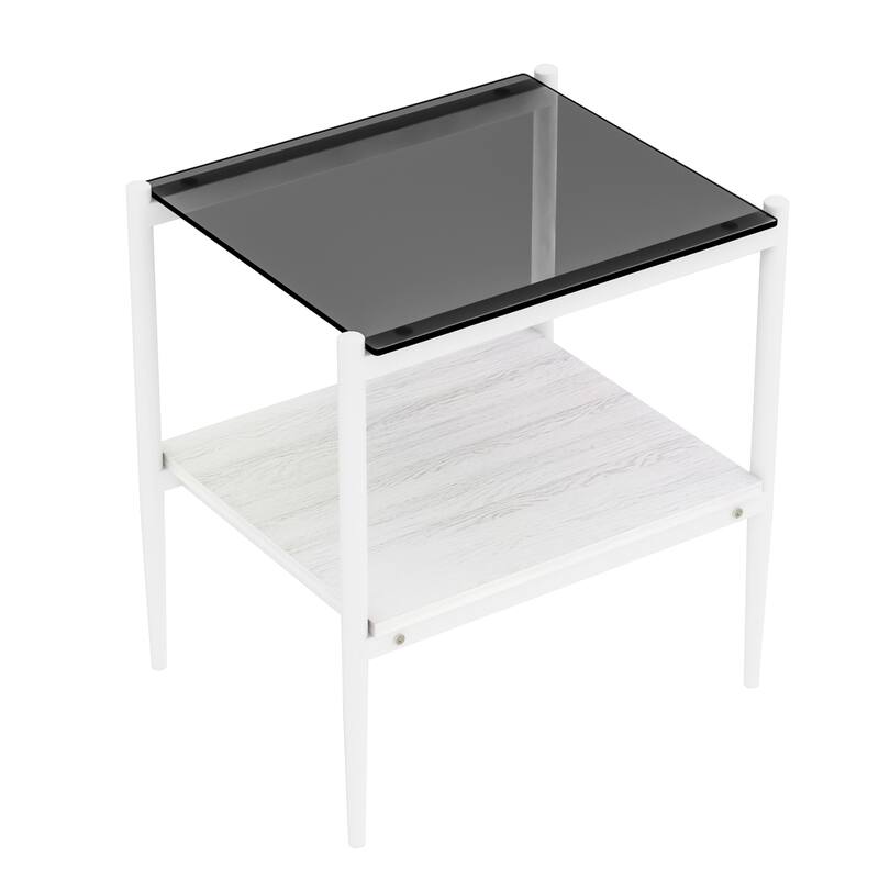 Set of 2 Rectangle End Table Tempered Glass Tabletop with MDF layer