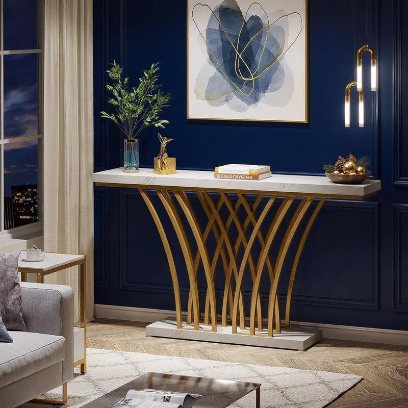 White-Gold Metal and MDF Console Table with Faux Marble Top and Shelf - 59.06” L x 11.81 W x 31.50 H