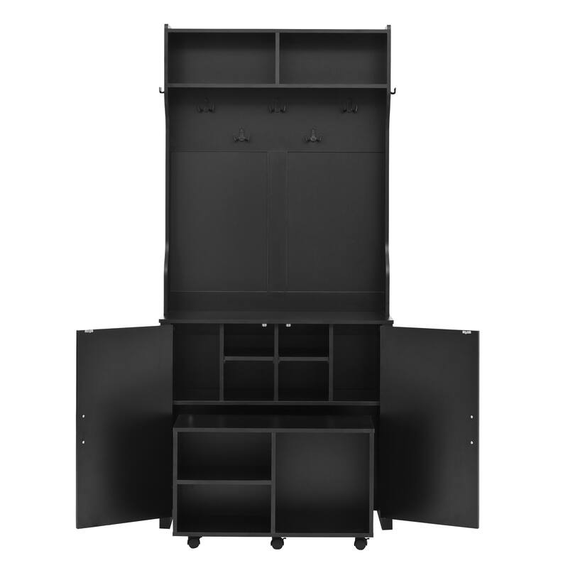 Farmhouse 4-in-1 Hall Tree with Barn Doors, Movable Bench with 7 Hanging Hooks and Shoe Storage Cabinet