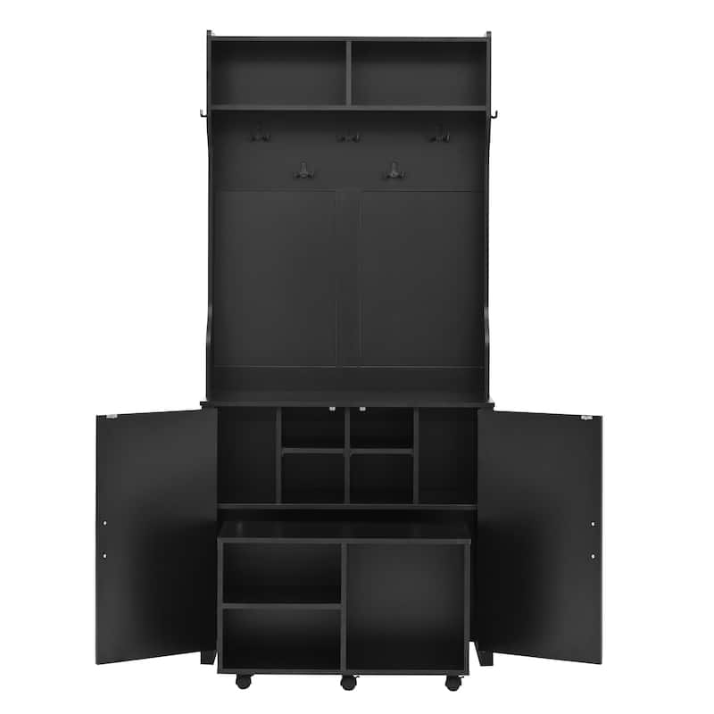 Roomfitters Farmhouse 4-in-1 Hall Tree with Barn Doors, Movable Bench with Shoe Storage and 7 Hooks, with Wheels