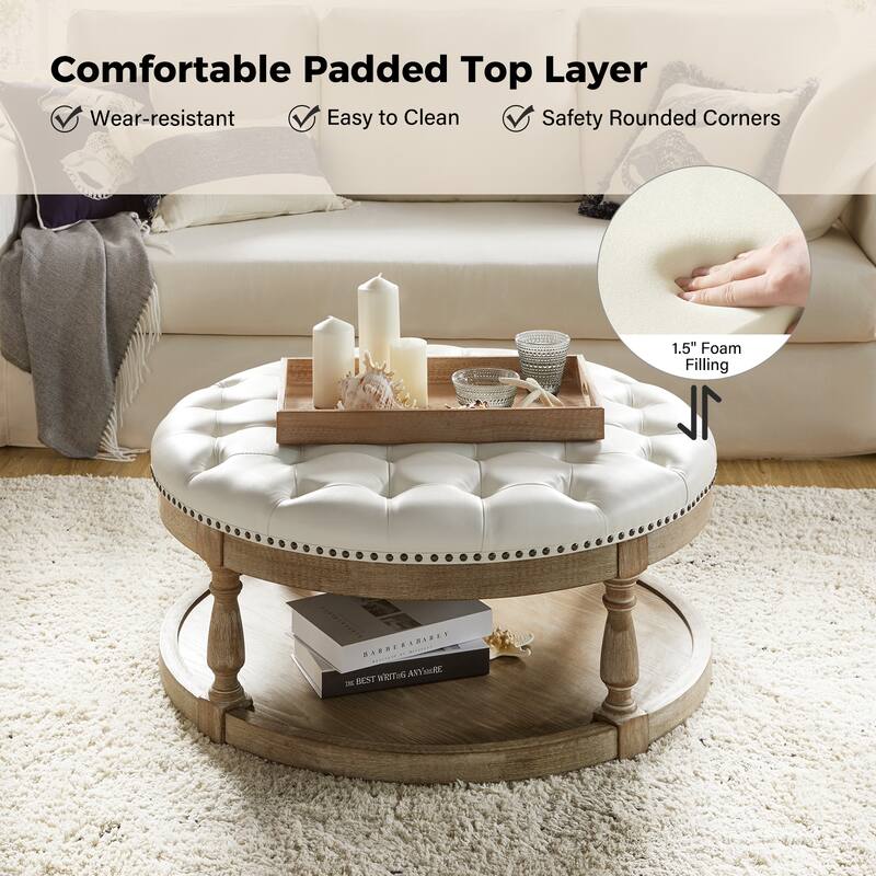Dulcie Traditional Cocktail Vegan Leather Ottoman with Solid Wood Legs by HULALA HOME