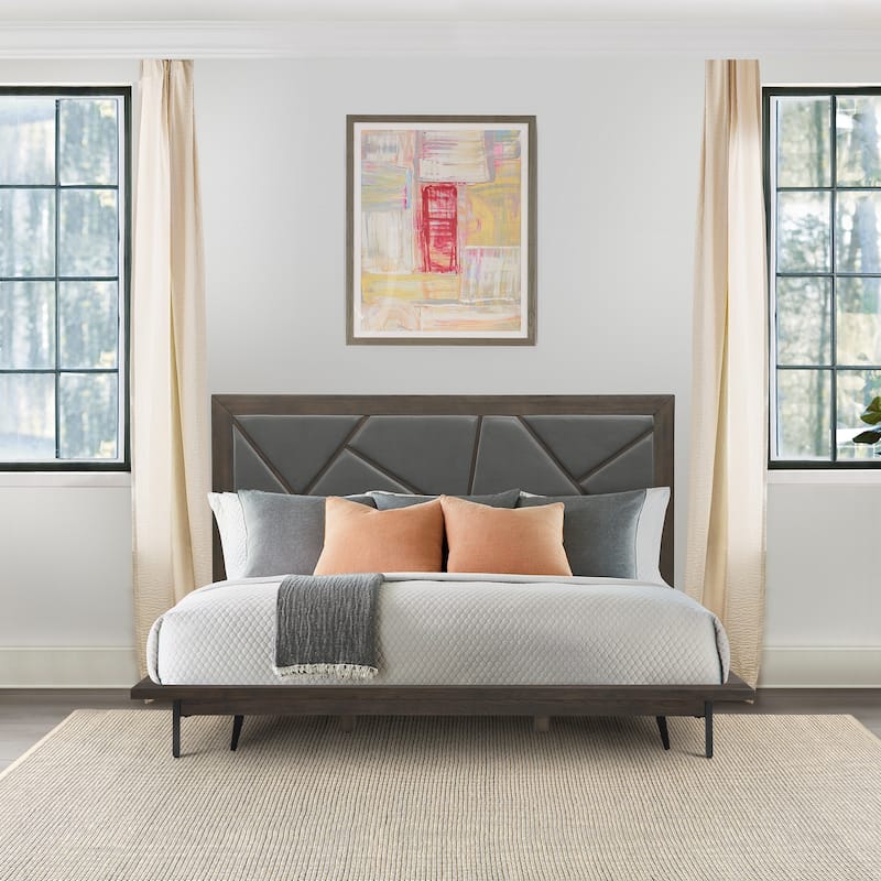 Marquis Platform Bed Frame in Oak Wood with Faux Leather Headboard and Black Metal Legs - Queen
