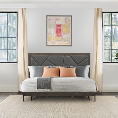 Marquis Platform Bed Frame in Oak Wood with Faux Leather Headboard and Black Metal Legs