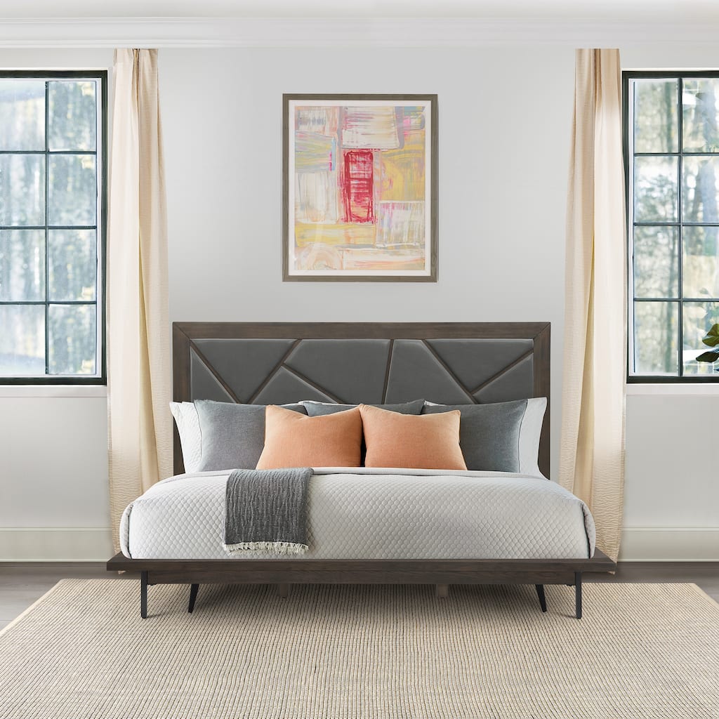 Marquis Platform Bed Frame in Oak Wood with Faux Leather Headboard and Black Metal Legs