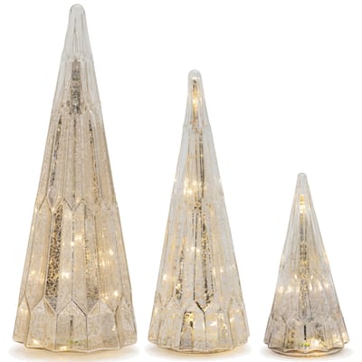 Set of 3 Silver Glass LED Pine Trees for Festive Indoor Holiday Table and Mantel Decor - 5.75 x 5.75 x 15.75" (L x W x H)