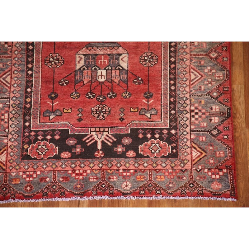Geometric Hamedan Persian Vintage Runner Rug Hand-Knotted Wool Carpet - 3'9"x 9'5"
