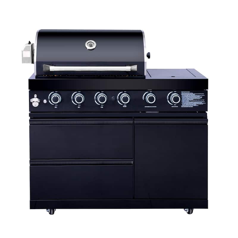 GDFStudio Xaviron Stainless Steel Outdoor Kitchen Island Grill with 4 Burners, Rotisserie and Refrigerator