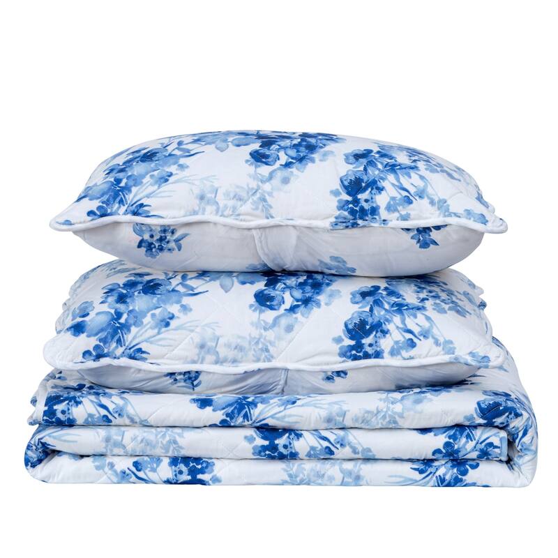 Luxurious Blue Watercolor Florals Microfiber Quilt Set With Shams