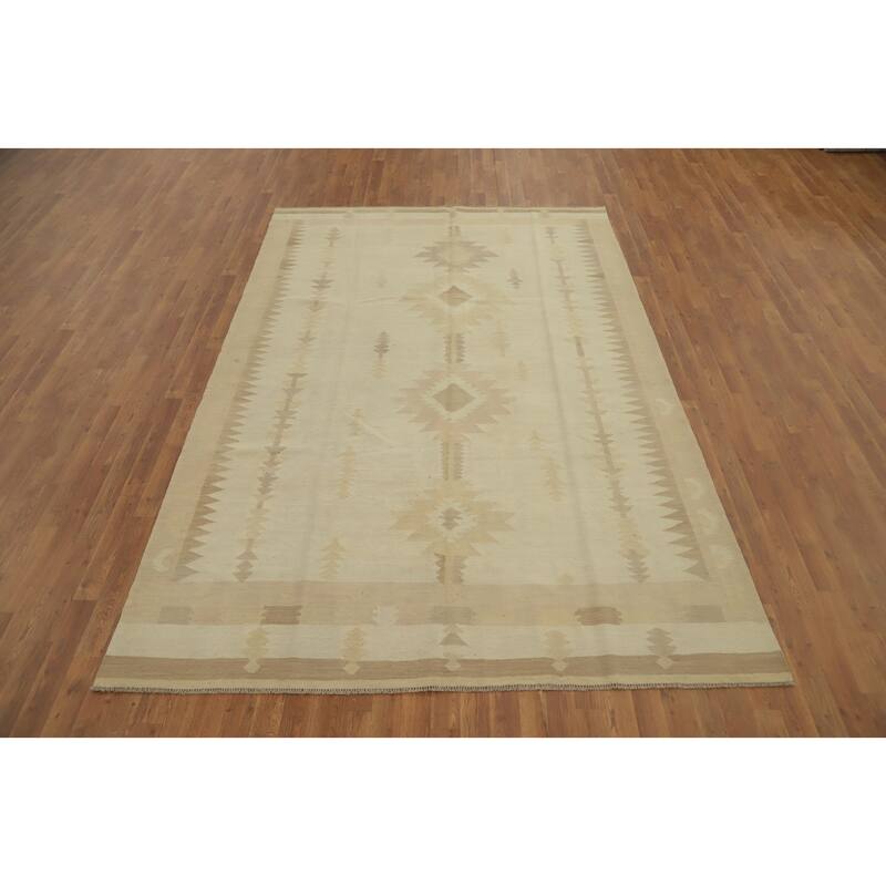 Hand Woven Oriental 100% Wool Carpet Southwestern Tribal Beige & Ivories Kilim Area Rug - 10' 0'' X 6' 8''