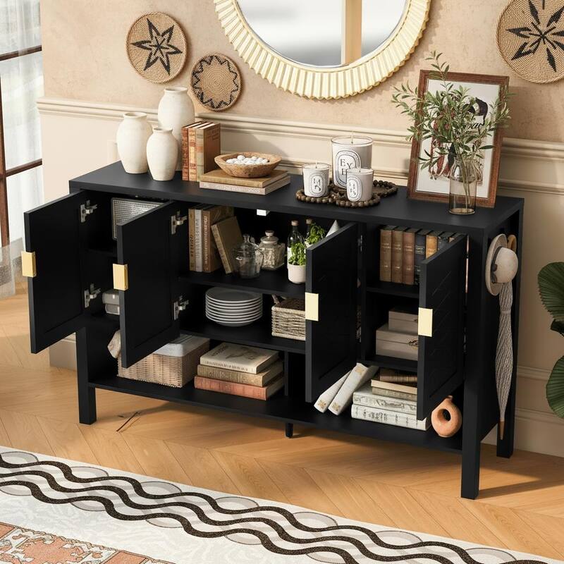 4-Door Geometric Storage Sideboard with Dual Hooks, Adjustable Shelves & Open Base Shelf by Harper&Bright Designs - Black