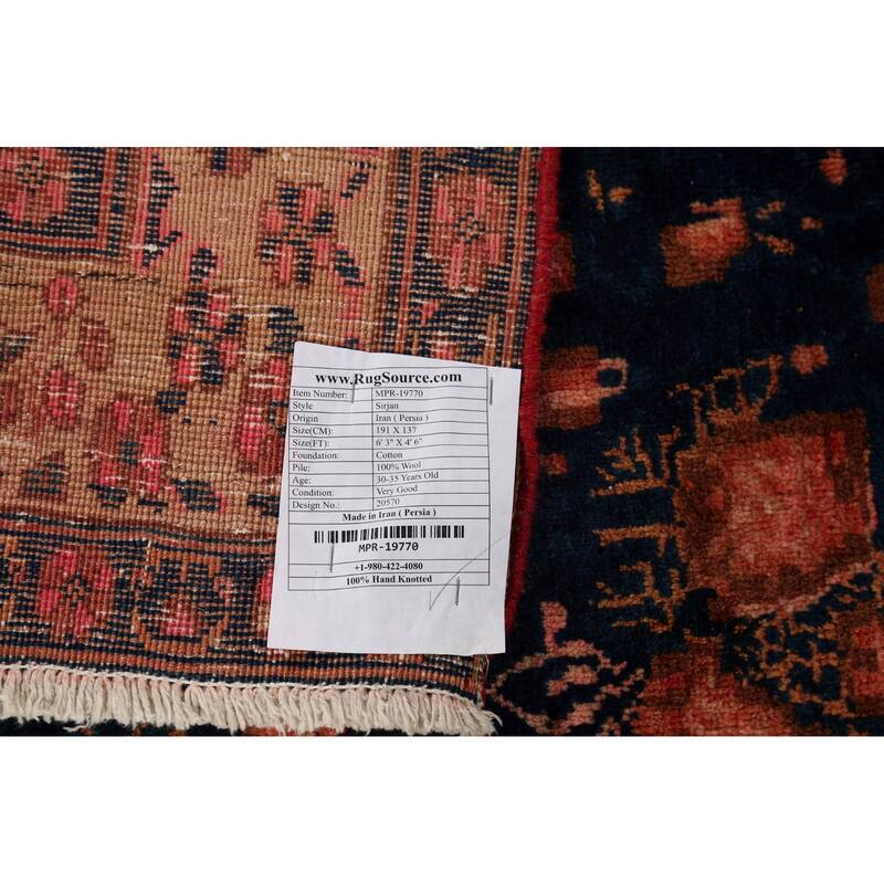 Blue Sirjan Persian Vintage Area Rug Hand-Knotted Wool Carpet - 4'6"x 6'3"