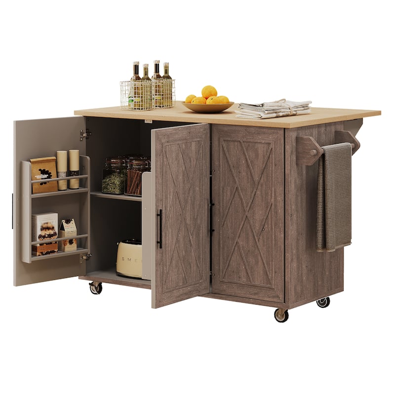Mobile Kitchen Island Cart with Drop Leaf, Rolling Island Cart on Wheels, Storage Shelves & Towel Rack, Portable Kitchen Cabinet