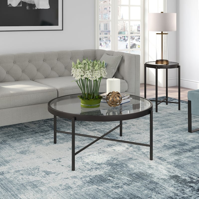 36 Inch Glass and Steel Round Coffee Table Modern Living Room - 36” x 36” x 16”
