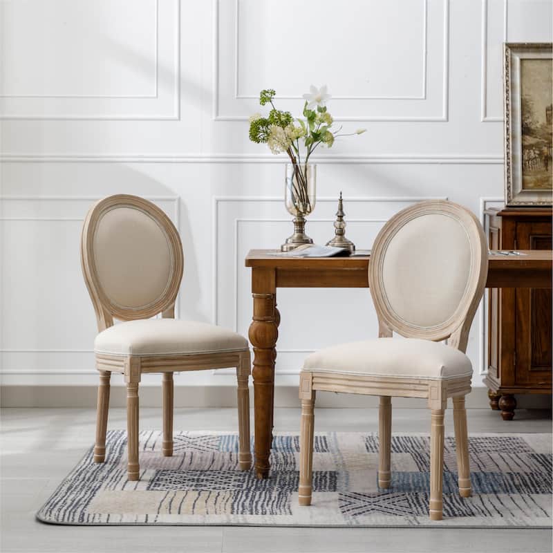 French Style Solid Wood Frame Antique Painting Linen Fabric Oval 2 Chairs
