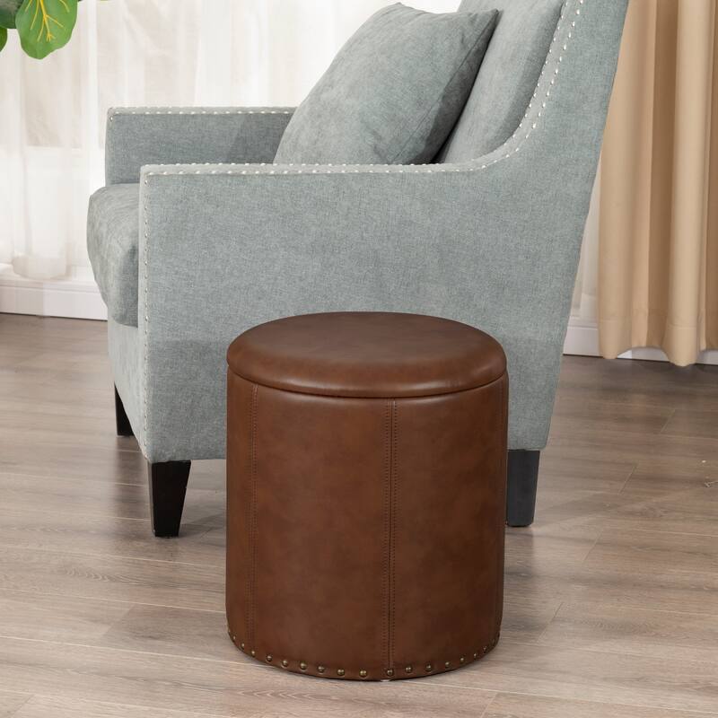 Adeco Round Faux Leather Storage Ottoman with Nailhead Trim