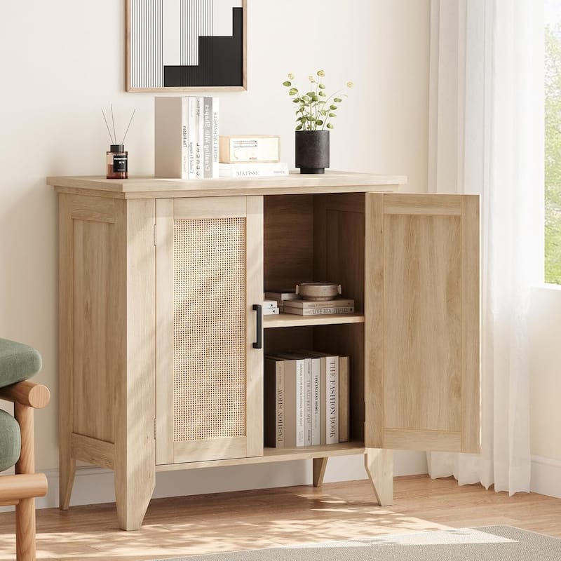 Buffet Kitchen Cabinet, Rattan Small Wardrobe with Door and Shelf