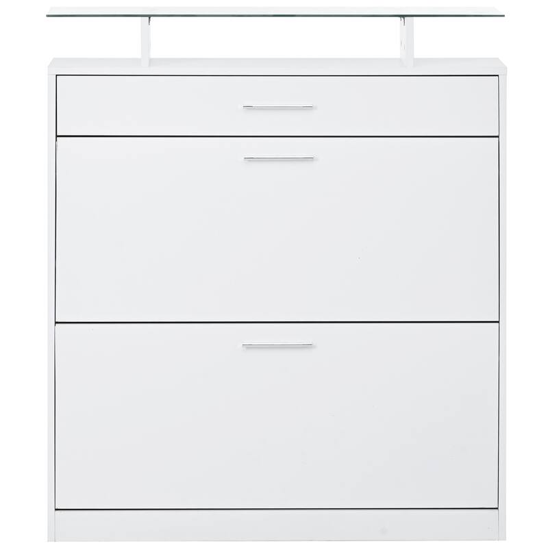 Contemporary Shoe Rack Storage Cabinet with Adjustable Shelves, Tempered Glass Top and LED Lighting, for Hallway Organize