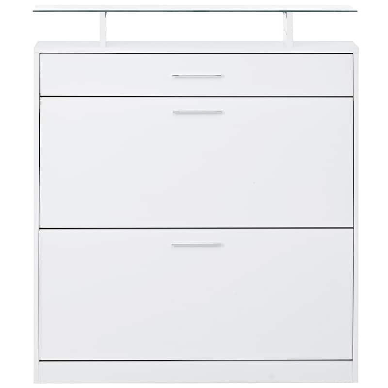 Roomfitters Modern Tipping Bucket Shoe Rack with 2 Flip Doors, Slim Entryway Organizer with Tempered Glass Top
