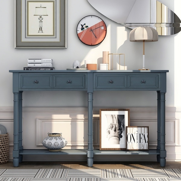 Antique Navy Entryway Console Table with 2 Drawers and Bottom