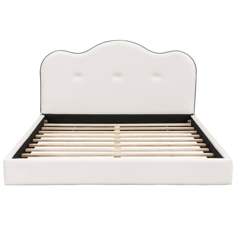 Modern Beige Upholstered Platform Bed with Curved Padded Headboard and Wood Slat Support, No Box Spring Needed