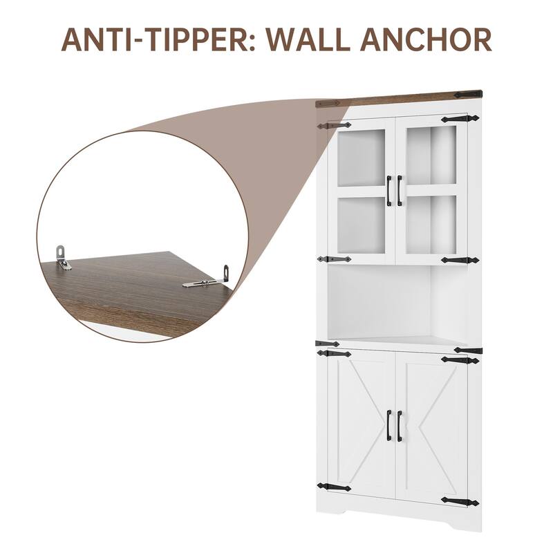 Tall Corner Cabinet, Farmhouse Corner Storage Cabinet with Glass Door & Adjustable Shelves, Space Saving Storage