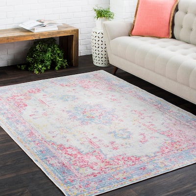 Vintage Distressed Oriental Pink and blue Area Rug - 3'11" x 5'11"