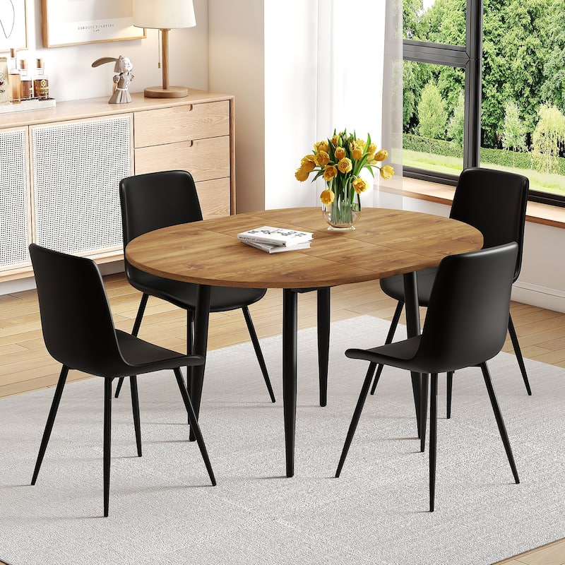 5-Piece Round Extendable Dining Set with 4 Black PU Leather Chairs - Black Wood