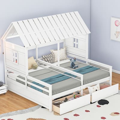 Nestfair Twin Size House Platform Beds with Two Drawers for Boy and Girl Shared Beds