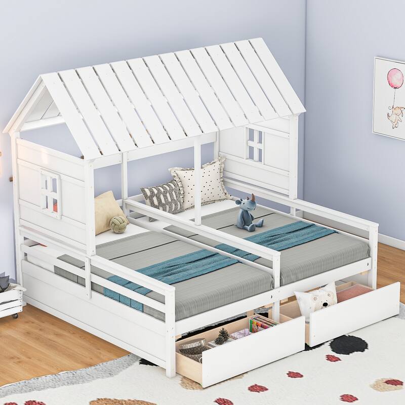 Twin Size House Platform Beds with Two Drawers for Shared Kids' Room, White