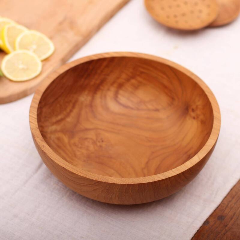 Handmade Calm Lumber Teakwood Serving Bowl (Indonesia) - 3.5" H x 9.75" Diam.