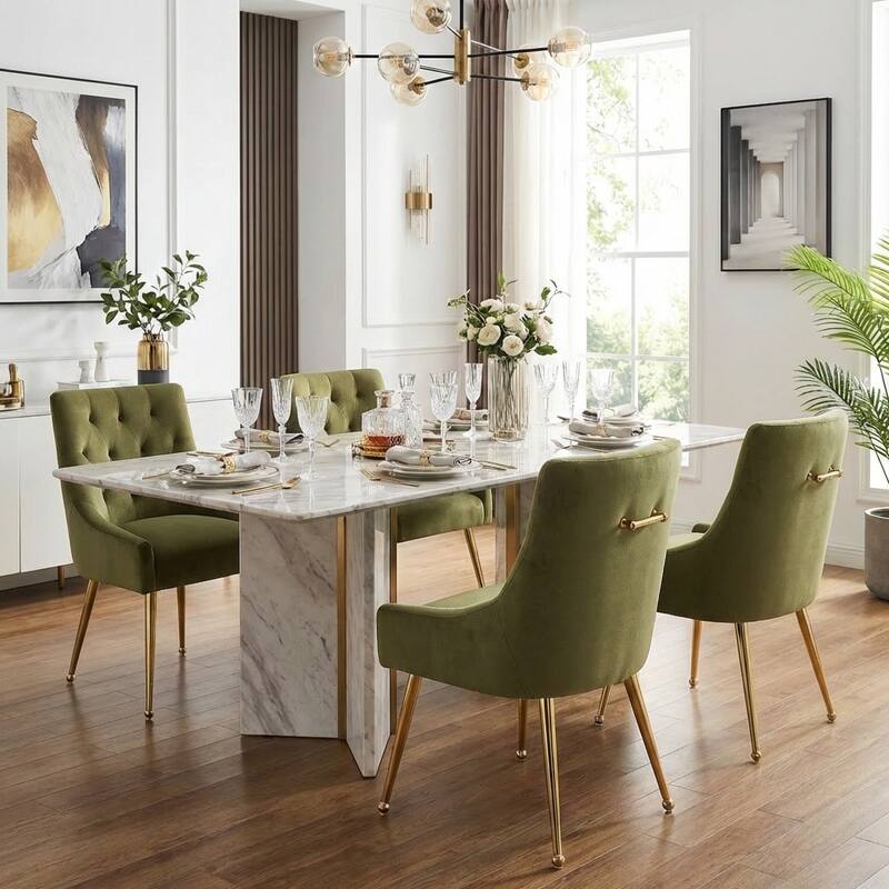 Modern Velvet Dining Chairs Set of 4, Upholstered Accent Chair Tufted Back Armless Chair with Back Pull - Green