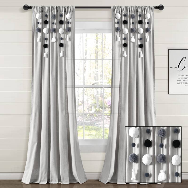 Lush Decor Boho Pom Pom Tassel Linen Window Curtain Panel (Single)