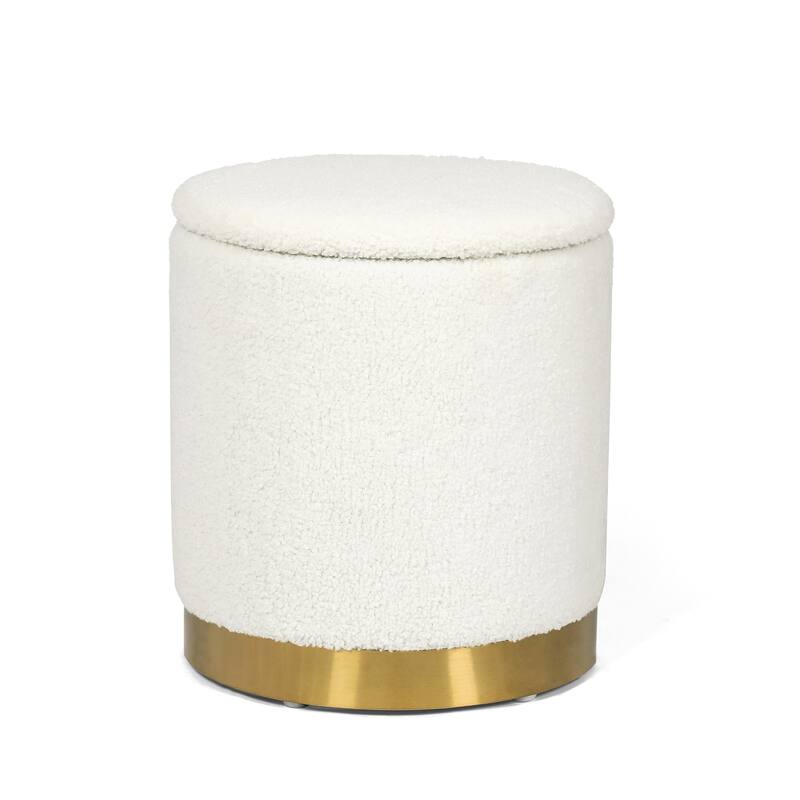 Adeco Velvet Round Storage Stool Gold Plating Base Storage Ottoman - White