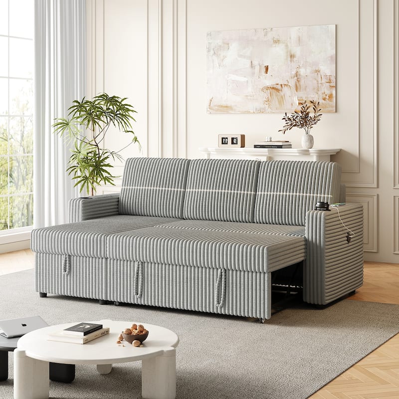 85 Inches Corduroy Sofa Bed, 3 Seater Sleeper Sofa with Storage Chaise