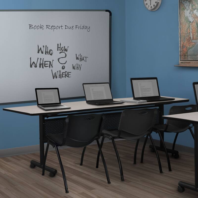 84" x 24" Flip Top Mobile Training Table with Modesty Panel- Maple and 3 "M" Stack Chairs- Black