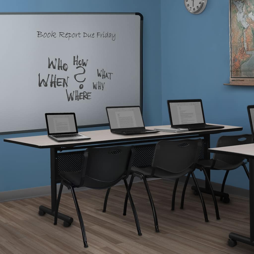 84" x 24" Flip Top Mobile Training Table with Modesty Panel- Maple and 3 "M" Stack Chairs- Black