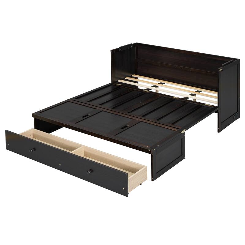 Queen Size Murphy Bed with USB Port and Large Drawer, Space-Saving Design, No Box Spring Needed, Espresso Finish
